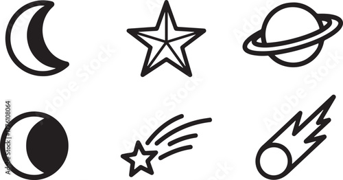 Collection of Six Celestial Body Icons in Outline Style Keywords: space, astronomy, celestial