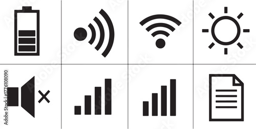 Collection of technology and signal icons on white background Keywords: battery, signal strength