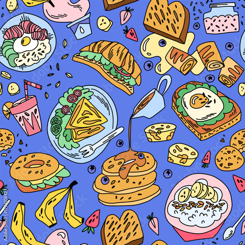 pattern with bright doodle breakfast, pancakes, bananas, yogurt, avocado bowl, protein shake