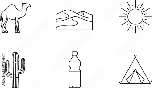 Desert Icons Camel Dunes Sun Cactus Water Bottle Tent With White Background Keywords: camel