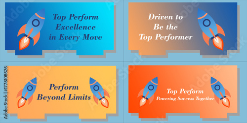 Motivational Business Banners Set with Launching Rockets for Top Performance