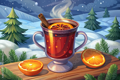Steaming mulled wine with star anise and orange slice in a rustic cup, resting on snowy wooden surface inside a frozen pine forest scene