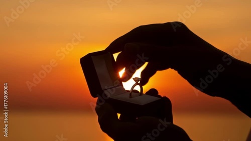 4k Close up silhouette male hands opening engagement ring box with diamond proposal ring on bright orange sunset background romantic marriage proposal moment love commitment emotional wedding concept 