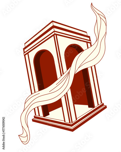  stylized vector image of an architectural structure featuring two arches, draped with a surreal, flowing white fabric