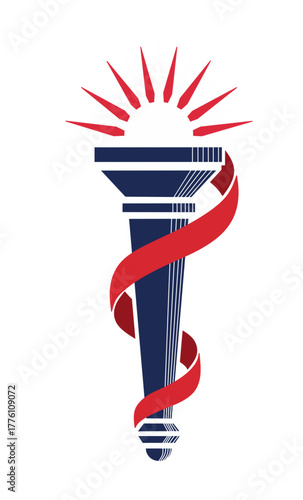 A stylized vector illustration of a torch with a sunburst radiating from its flame and a red ribbon spiraling around the torch handle.