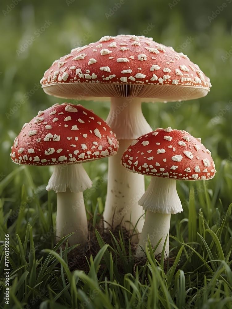 Obraz premium Illustration of iconic red and white spotted mushrooms in lush green grass