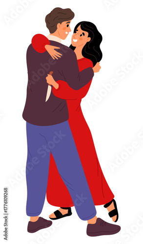 Woman in red dress embraces man and holds knife behind back. Betrayal and meanness in relationships. Dishonest girlfriend with dagger. Deceived guy hugging liar. Vector concept of deception