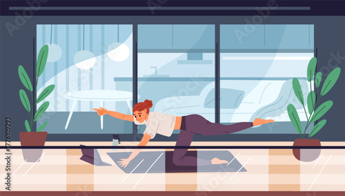 Woman does yoga on balcony of apartment or house in open air. Relax meditation in room. Home training. Girl exercising on mat. Gymnastics pose. Healthy stretching. Vector yogi scene