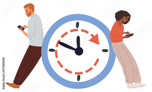 Tired and exhausted people looking phone screens. Waste of time. Mobile addiction. Man and woman using smartphones. Big clock countdown. Addicted couple with telephones. Vector concept