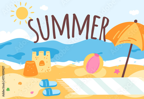 Summer travel poster. Featuring sea. Sandy beach. Sunbathing parasol. Mat at seashore. Sandcastle with seashells and starfish. Inflatable ball. Season for vacation vector banner design