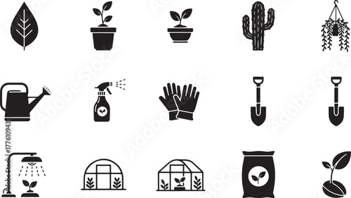 Gardening and plant care icons set on white background Keywords: leaf, potted plant, cactus