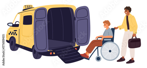 Taxi driver for people with disabilities helps man in wheelchair get into car. Paralyzed passenger. Injured character boarding in automobile cabin with chauffeur support. Vector concept