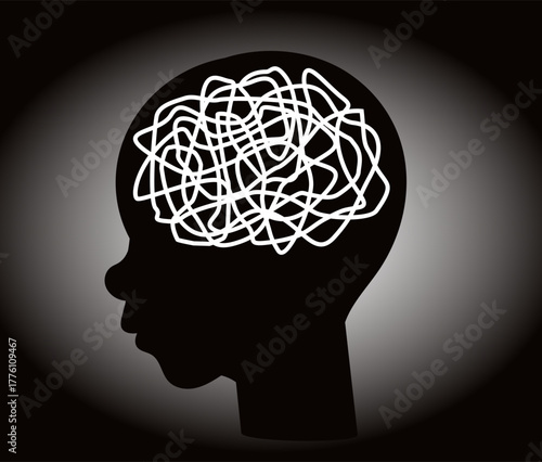 Silhouette of childs head with confused thoughts. Childhood psychological trauma or mental disorder. Tangled mind. Depressed kid. Medical diagnosis. Baby anxiety therapy. Vector concept