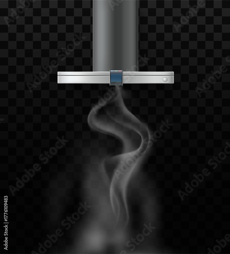 Realistic kitchen hood with smoke steam on transparent background. Household appliance. Vapor ventilation equipment. Domestic metal stainless kitchenware. Electric cooker. Vector object