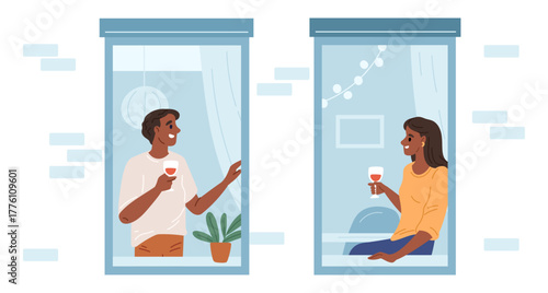 Neighbors man and woman talking at window and drinking wine. Couple sitting inside on windowsills. Housemates communication. People in apartments. Residential building. Vector concept