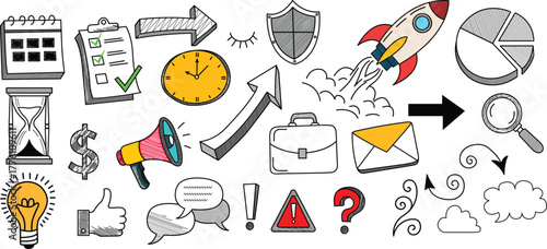 A dynamic, hand-drawn collage of colorful business and strategy icons including clock, calendar, rocket, lightbulb, dollar sign, megaphone, and pie chart