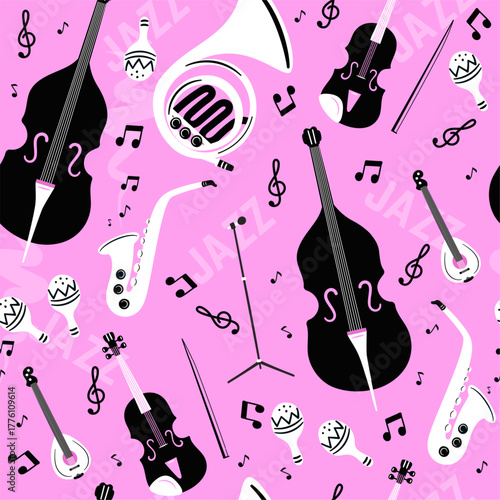 Musical jazz band instruments seamless pattern. Music performance. Trombone and saxophone. Orchestra concert. Symphony melody. Trumpet and guitar. Audio microphone. Vector background