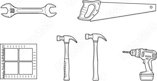 Hand-drawn tools for construction and repair on white background wrench hammer