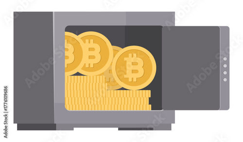 Metal safe with alternative financial assets in Bitcoin. Secure storage of cryptocurrency. Crypto wallet. Economy prosperity. Money savings in strongbox. Currency coins. Vector concept