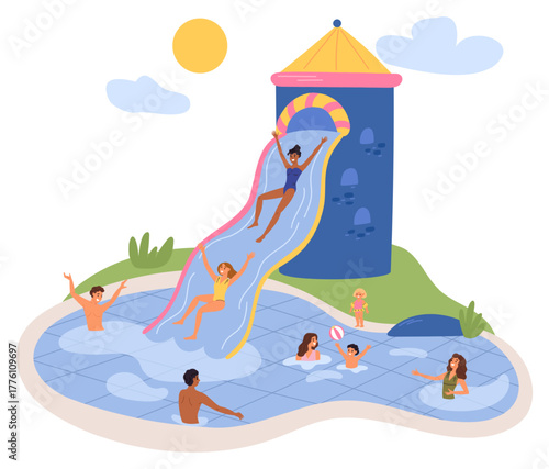 Men and women swimming in pool. Children ride on water slides. Aquapark attractions. Summer activities. Waterpark entertainment. Amusement aquatic plastic pipe. Beach resort. Vector concept