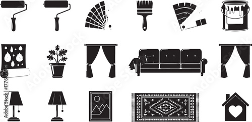 Home Renovation and Interior Design Icons Paint Roller Brush Swatch paint brush color swatch