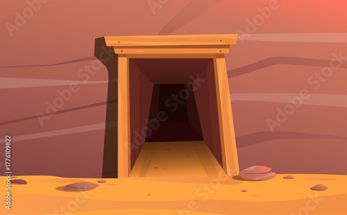 Entrance to stone cave. Passageway to gold mine. Colliery gate. Cliff rock gorge. Mountain landscape. Geological tunnel. Granite cavern door. Stonewall with wood arch. Vector background