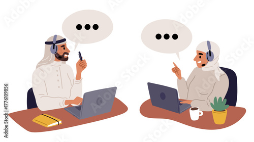 Arab man and woman work in customer service. Call center employees with laptops and headphones. Arabian people. Clients support helpdesk assistants. Online consultants. Vector concept