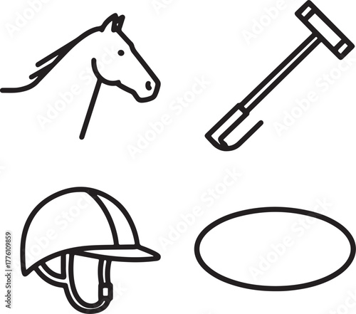 Horse Riding Equipment Icons Set Outline head bridle