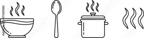 Hot Food Bowl Spoon Pot Steam Cooking Icons Set smoke