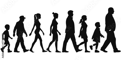 vector silhouette set of 12 human figures walking men, women, and children in different postures, side view silhouettes, simple flat black design, isolated clean vector