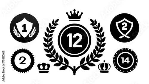Prompt clean black vector silhouette icon set of champion badges, laurel wreaths, medals, crowns, number one emblems flat minimal style, isolated on white background