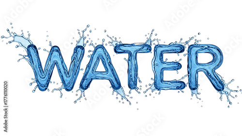 Dynamic word water formed from splashing liquid blue droplets and fluid splashes isolated on transparent background