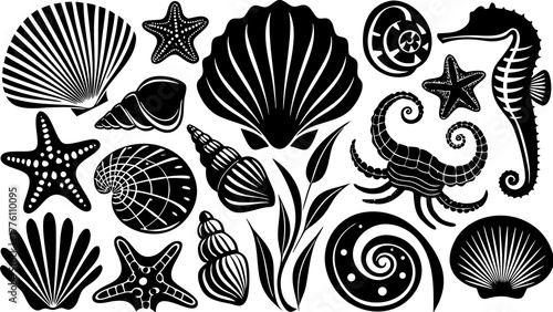 clean black vector silhouette icon set of 10 seashells and marine elements starfish, conch, scallop, spiral shell, coral, pearl, sand dollar, crab, seahorse, seaweed minimalist seaside vector pack bla