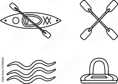 Kayaking And Water Sports Icons Set Keywords: kayak, canoe, paddle, oar, water, waves, life vest