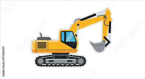Yellow excavator construction vehicle ready for digging and heavy duty work isolated on transparent background