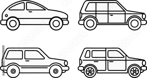Car Collection Illustration. Modern Vehicle Set Design. Automobile Outline Set. Transportation Car Bundle. Car Icon Pack for Design. Realistic Vehicle Bundle. Compact Car Illustration Set. Urban Car