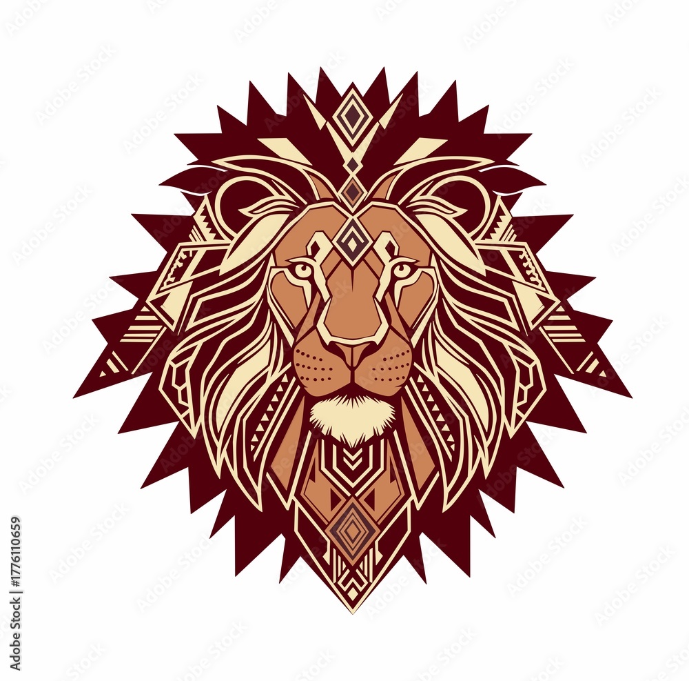 Obraz premium A majestic, stylized lion head vector illustration with a geometric and ornamental design. The powerful king of beasts is depicted with a symmetrical, intricate mane and face, showcasing a blend.