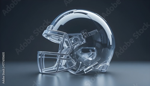 Striking transparent American football helmet glows with futuristic elegance on dark background