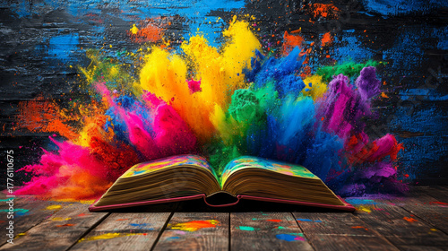 Vibrant colors explode from an open book painting the scene with a spectrum of hues.
