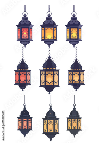 Collection of ornate hanging lanterns with warm glowing light emitting ambiance