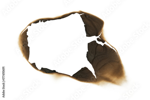 burned hole in white paper background texture. Burn in paper with brown edges and flames isolated on a transparent background.