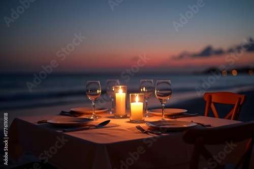 Fototapeta Naklejka Na Ścianę i Meble -  Candlelit dinner table set for two on a beach at twilight.