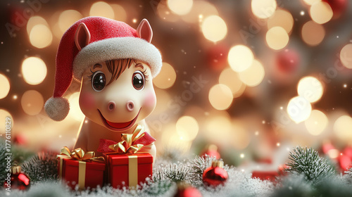 Christmas funny cheerful horse in hat and gift holiday character, 3d illustration, playful pose isolated on christmas background bokeh, space for text