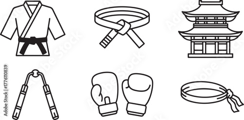 Martial Arts Icons Set With Gi Belt Gloves And Nunchucks Keywords: martial arts, karate, gi