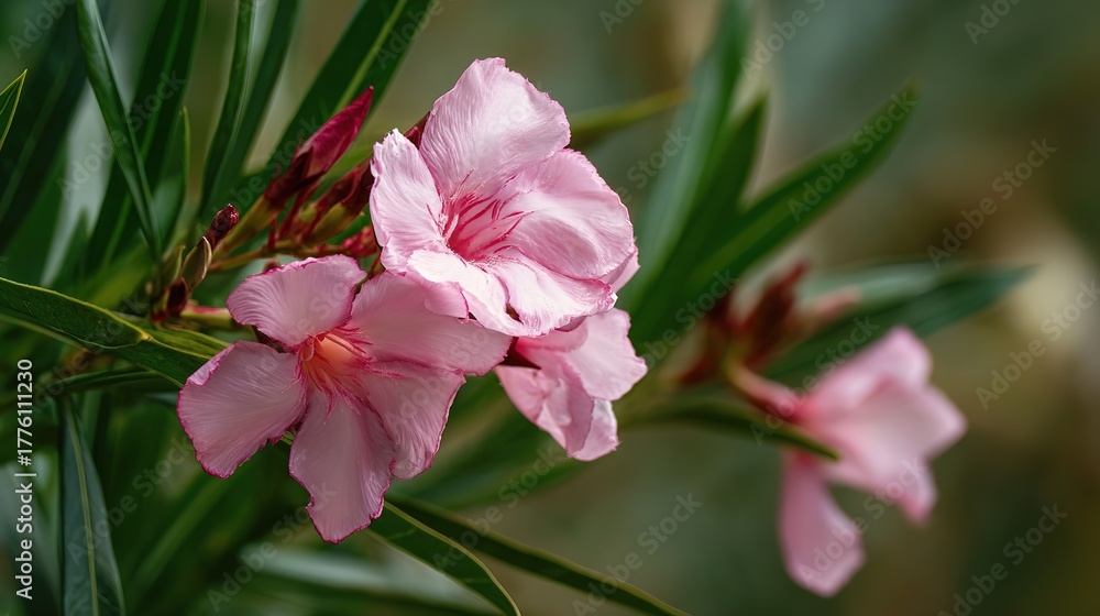 Fototapeta premium Nerium Oleander with Pink Flowers in Outdoor Garden Close-Up