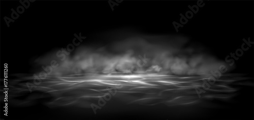 Grey fog on water surface vector background. Night light effect. Mystery atmosphere