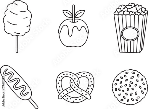 Outline Icons of Fairground and Carnival Food Treats cotton candy floss