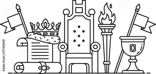 Royal Throne and Symbols of Power Crown Scroll Torch Chalice Flags Keywords: throne, royal