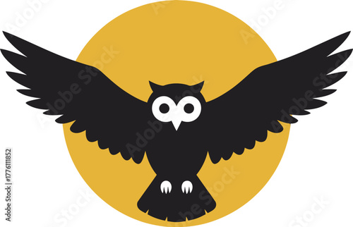 Majestic black owl spreading wings before golden sun emblem design nature wildlife bird symbol isolated on transparent background