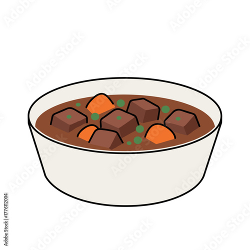 Cartoon bowl of hearty beef stew with carrots and peas illustration
